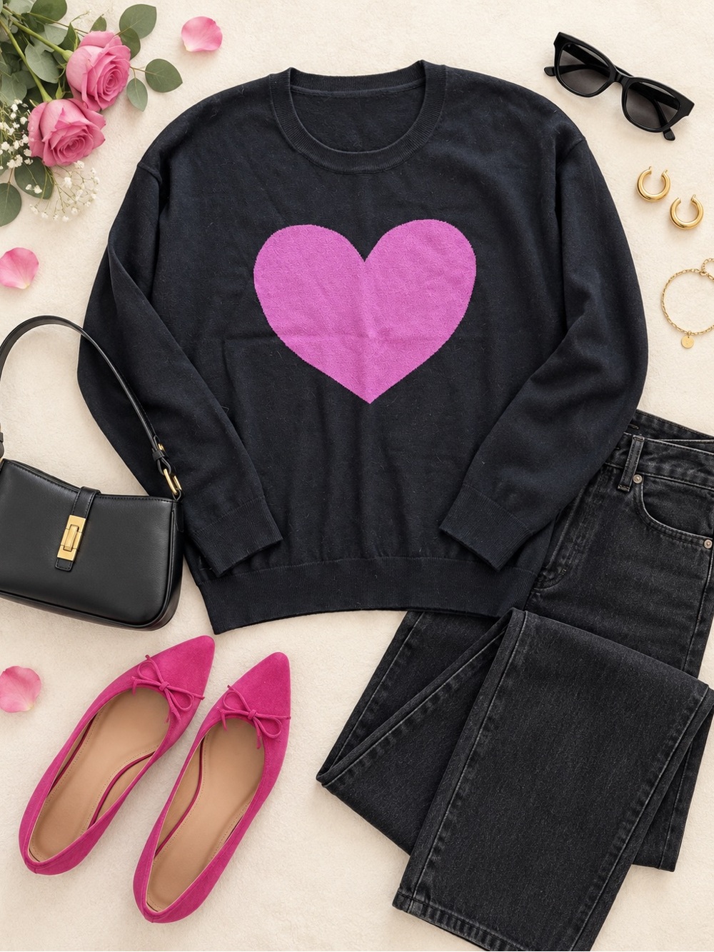 Splendid Black Sweater with Pink Heart